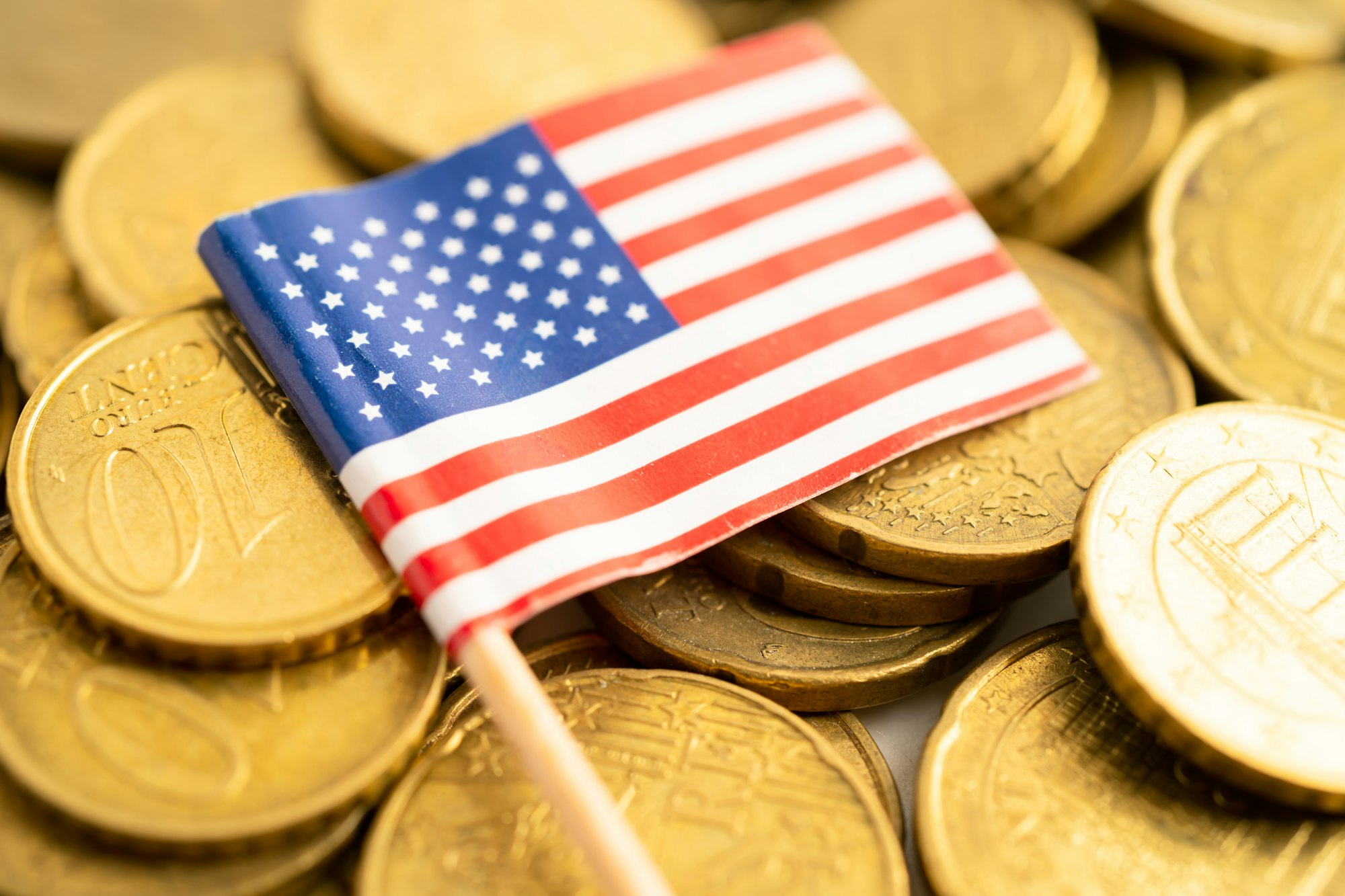 US flag on coins money, finance and accounting, banking concept.